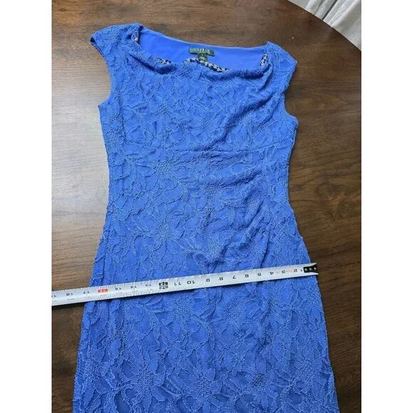 LAUREN RALPH LAUREN Womens Sheath Knee Length Dress Size 10 Navy Blue Lace - Picture 6 of 16